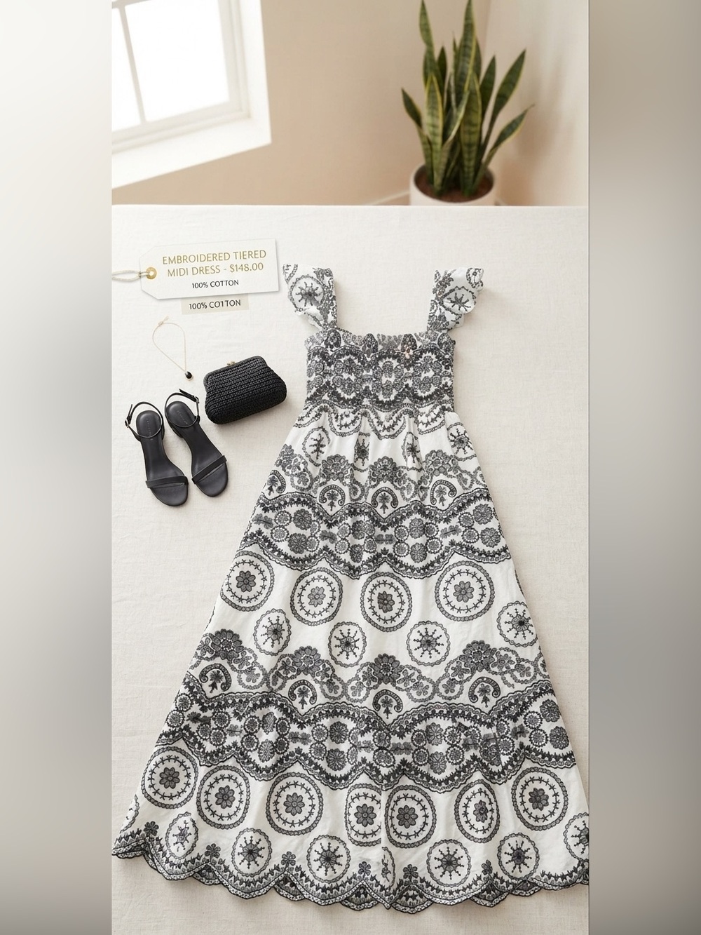 Pretty Persuasions Black & White Embroidered Tiered Midi Dress